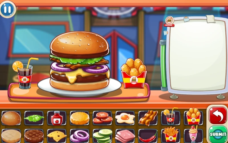 Screenshot from Top Burger Cooking game with a delicious burger, cooking station and ingredients